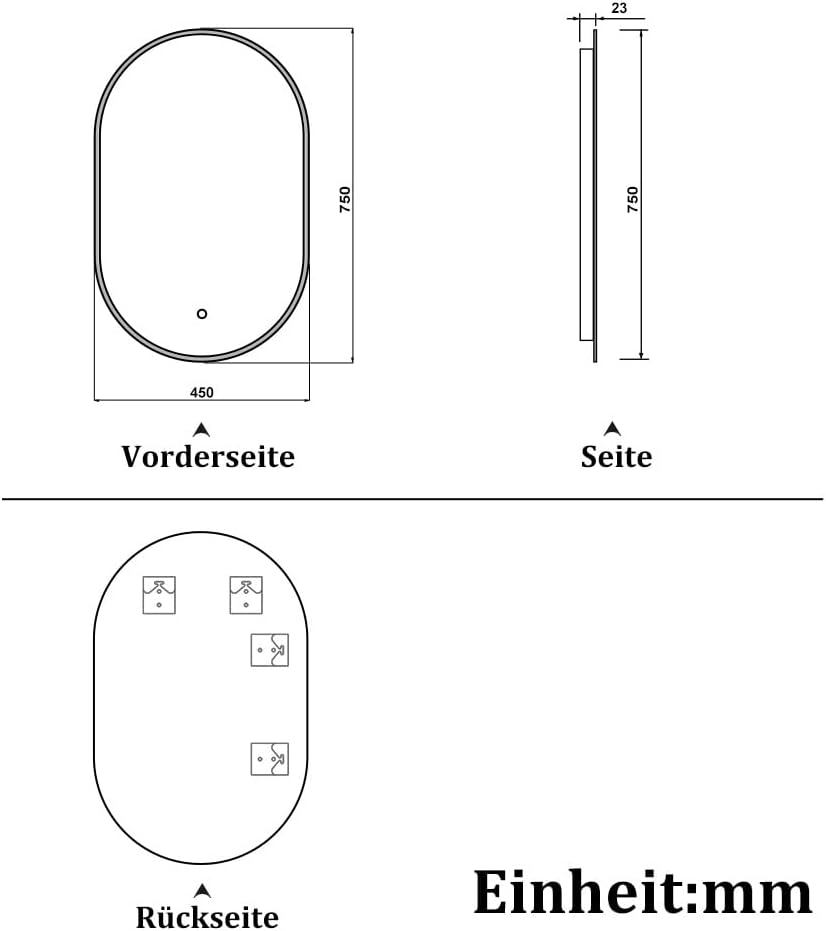 Badspiegel 75×45cm Rundbahn 3 Lichfarbe dimmbar Memory Wand/Touchschalter Anti-Beschlag Badezimmersp