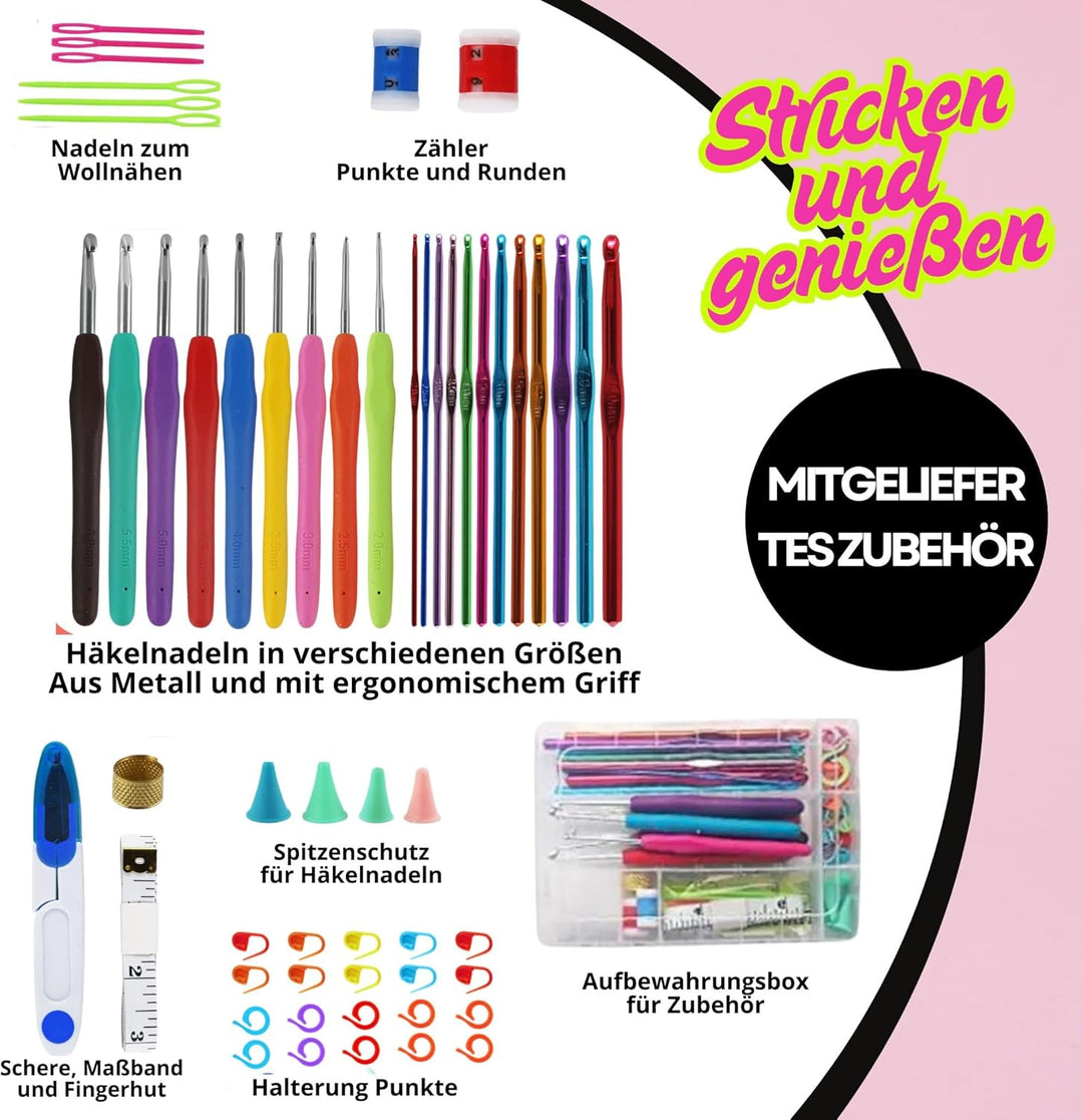 SusggO Häkel-Set Komplettes mit 73 Teilen. Amigurumi-Häkel-Set für Anfänger mit Zubehör, 15 Knäuel M