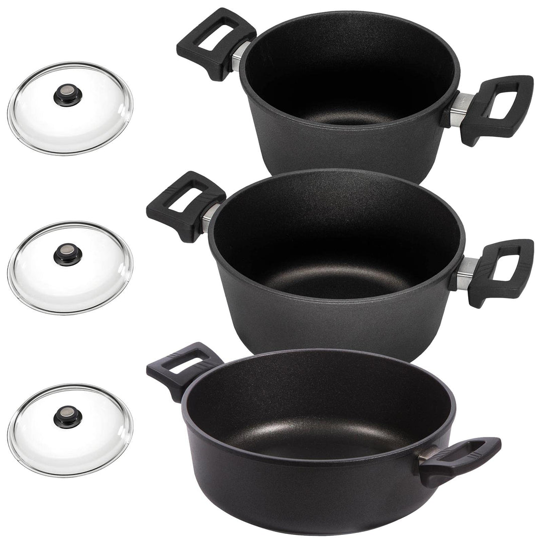Eurolux Universal-Topfset Induktion Aluguss beschichtet 6-teilig - schwarze Koch-Töpfe Set & Deckel