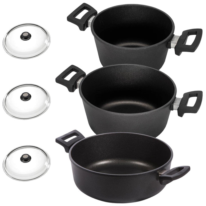 Eurolux Universal-Topfset Induktion Aluguss beschichtet 6-teilig - schwarze Koch-Töpfe Set & Deckel