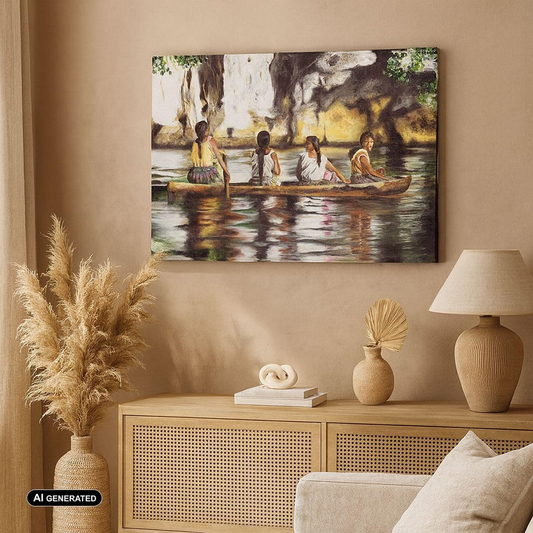 Bilder auf Leinwand Frau Wasser Boot Leinwandbild mit Rahmen 70x50cm Wandbilder Dekoration Wohnzimme