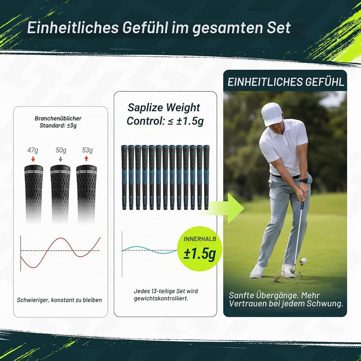SAPLIZE Golfgriffe 13er-Set mit komplettem Regripping-Kit, Standard/Mittelklasse, Weiss/Grün/Rot/Bla