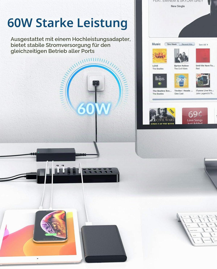 ORICO USB Hub 3.0 Aktiv 13 Ports 60W Mit Netzteil Einzelne EIN/Aus-Schalter und 12V / 5A Energien-Ad