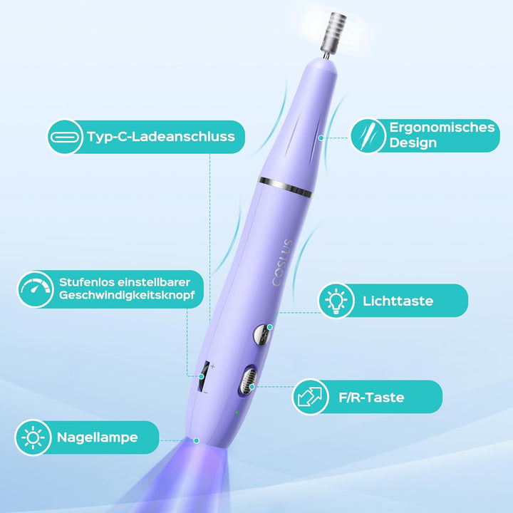 COSLUS Professionell Nagelfräser Kabellos Tragbar: Elektrische Nagelfeile Stufenlos mit Licht für Ge