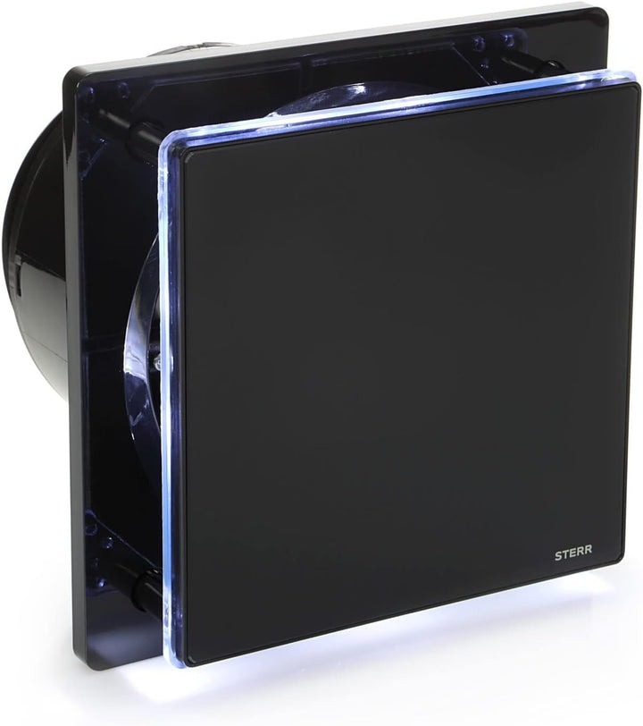 STERR Schwarzer Badlüfter 150 mm mit LED + TIMER - Badezimmerventilator - Glasfront - Modernes Ausse