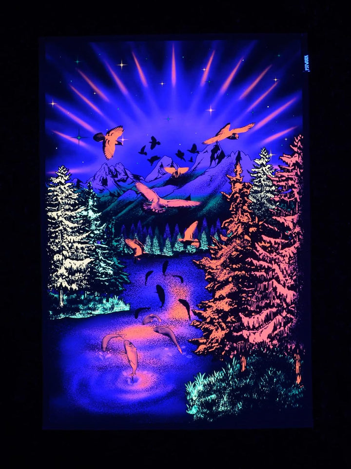 PSYWORK Schwarzlicht Stoffposter Neon | Chromadepth 3D Mountain Lake View | 0,6 x 0,9m | UV-aktiv |