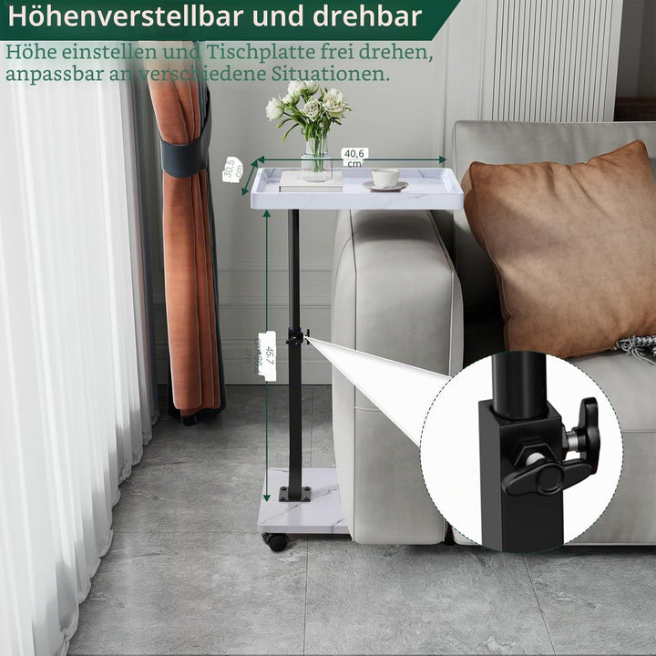 Beistelltisch mit Rollen, Beistelltisch Höhenverstellbar haben 360° Rotierend, C-Form Sofa Tisch für