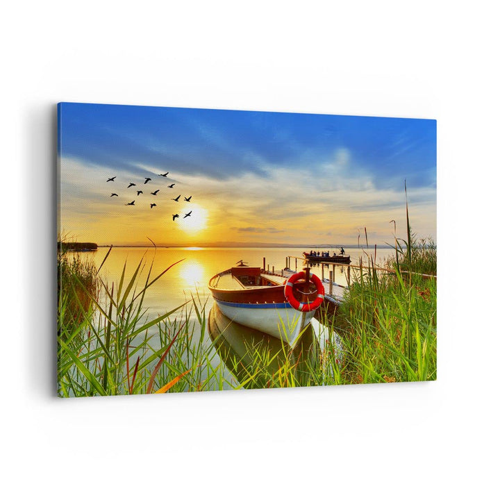 Bilder auf Leinwand 100x70cm Leinwandbild Boot See Sonnenuntergang Sommer Menschen Gross Wanddeko Bi