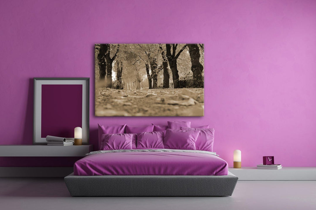deyoli Blätter bedeckter Waldweg Format: 80x60 Effekt: Sepia als Leinwand, Motiv fertig gerahmt auf