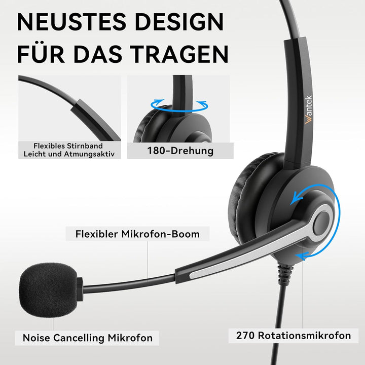 Wantek USB Headset mit Mikrofon für Laptop,PC kabelgebundene Kopfhörer mit USB-C Klinkenadapter,Laut