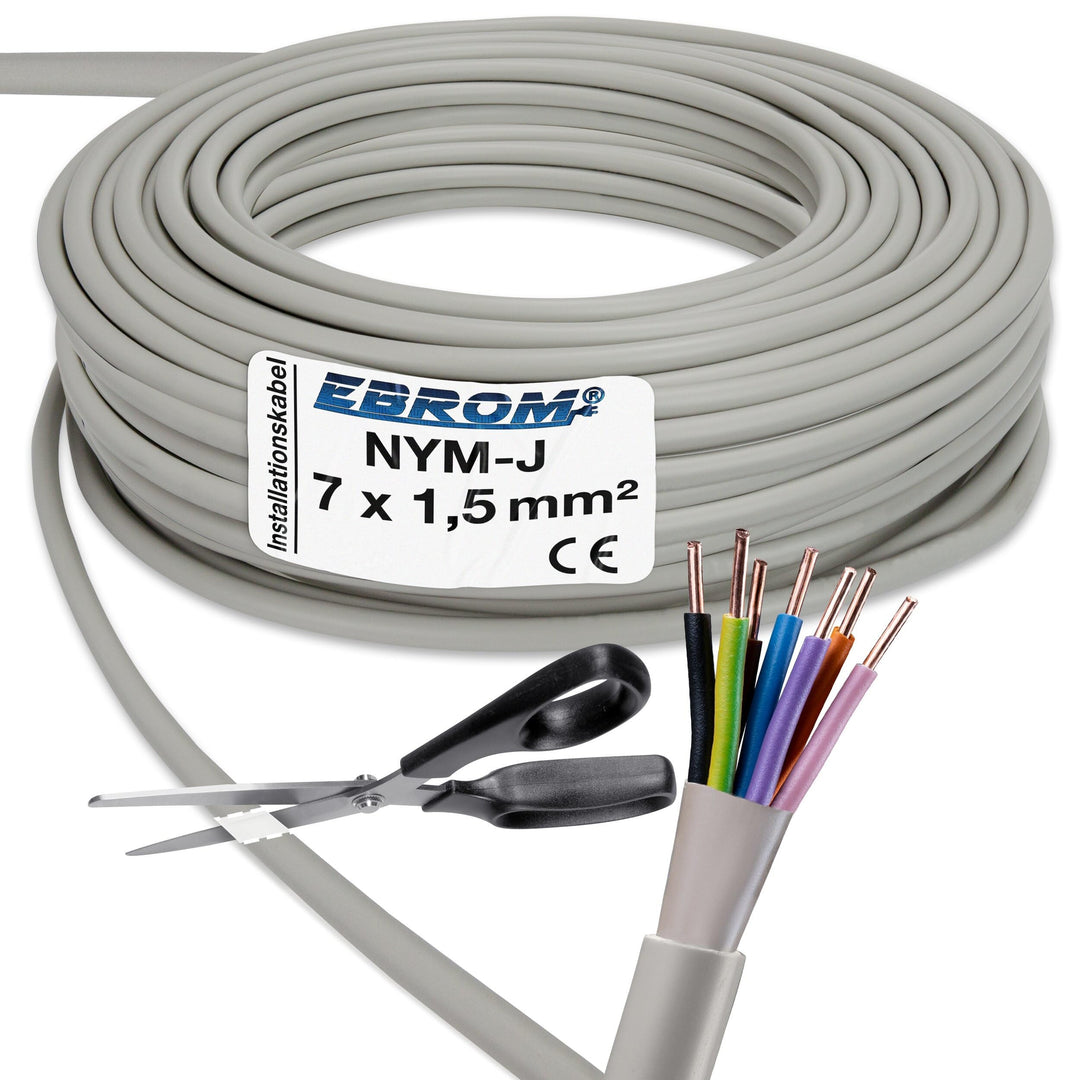 EBROM NYM-J 7x1,5 mm² Installationskabel, Mantel GRAU, 7 Litzen FARBIG 84 m 84 Meter, 84 Meter
