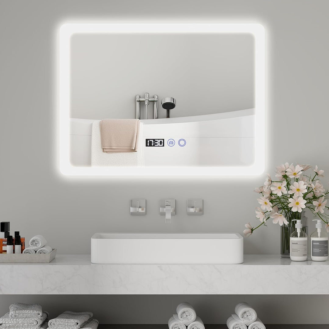 YOURLITE Badspiegel mit Beleuchtung 80x60 cm,LED Badezimmerspiegel mit Uhr Weiss - 80x60, Weiss - 80