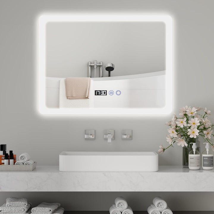 YOURLITE Badspiegel mit Beleuchtung 80x60 cm,LED Badezimmerspiegel mit Uhr Weiss - 80x60, Weiss - 80