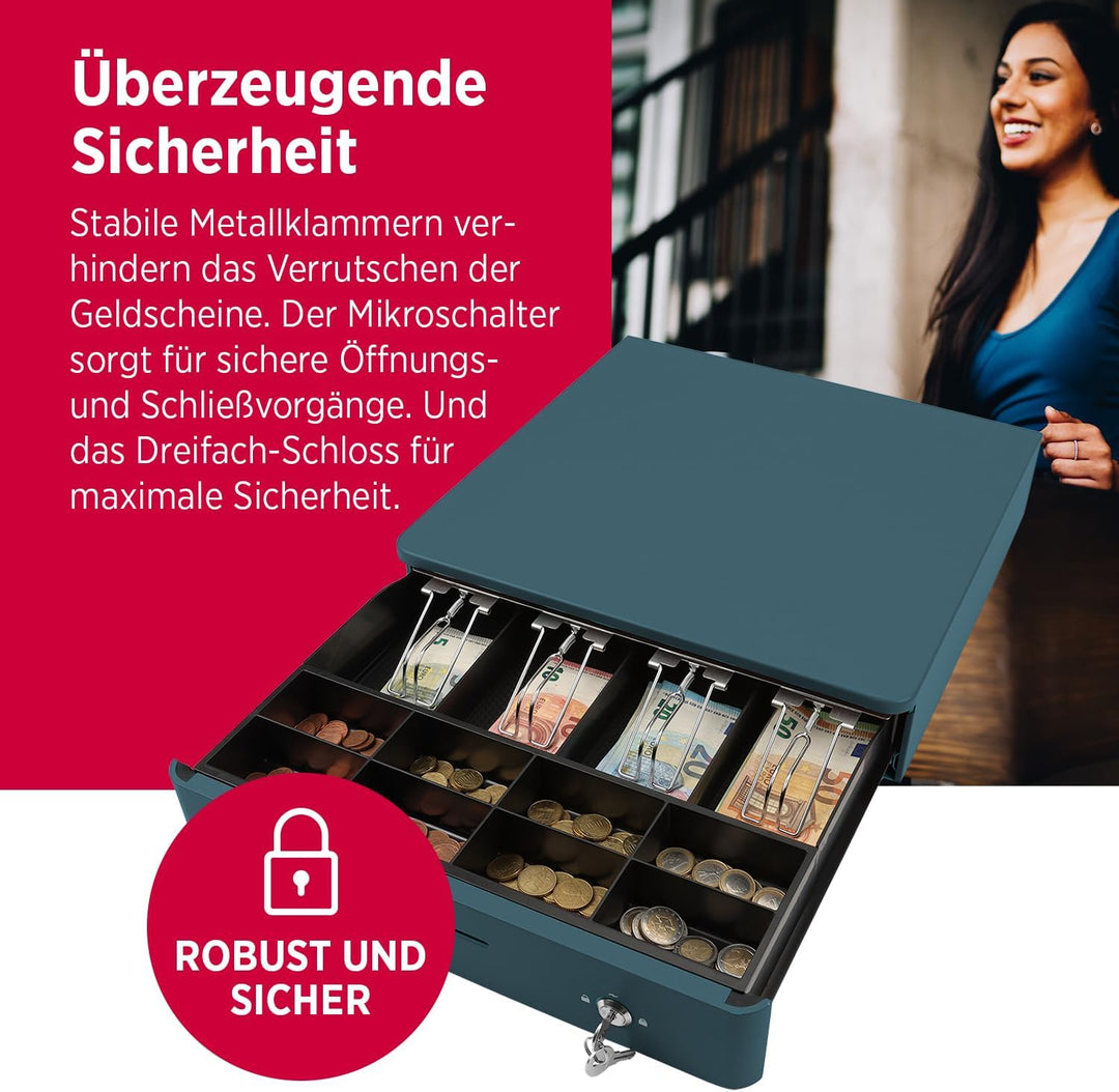 OLYMPIA M 405 Blau | Kassenlade mit 8 Münz- & 4 Scheinfächern | Robuste Kassenschublade Unterbau aus