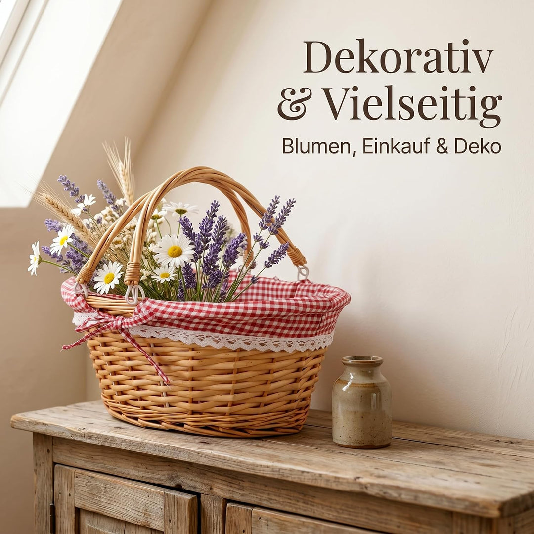 Weidenkorb mit Henkel, 36x28x17cm Oval Picknickkorb Geflochten | Weidenkörbchen mit Doppelfaltgriffe