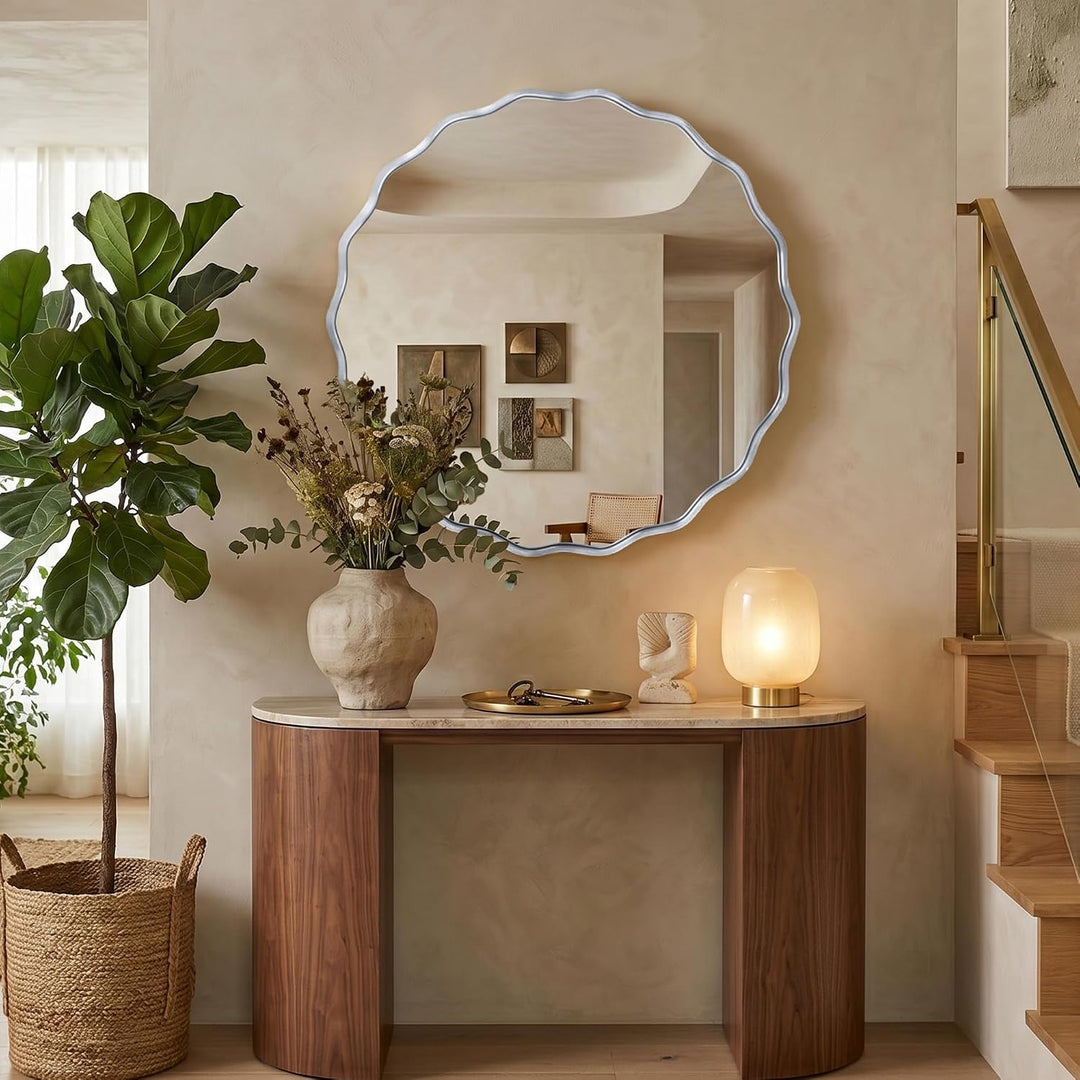 Wavy Runder Wandspiegel mit gebürstetem Aluminiumrahmen &amp; gehärtetem Sicherheitsglas für Badezimmer,