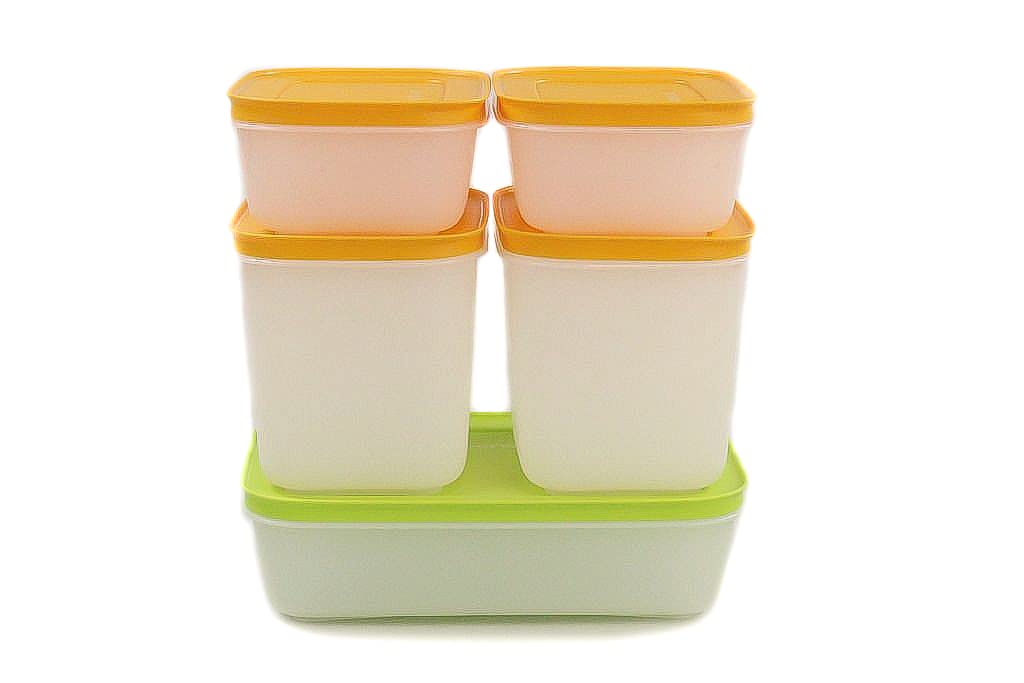 TUPPERWARE Gefrier-Behälter 1,0 L grün-weiss + 450 ml (2) +1,1 L (2) orange-weiss 27960