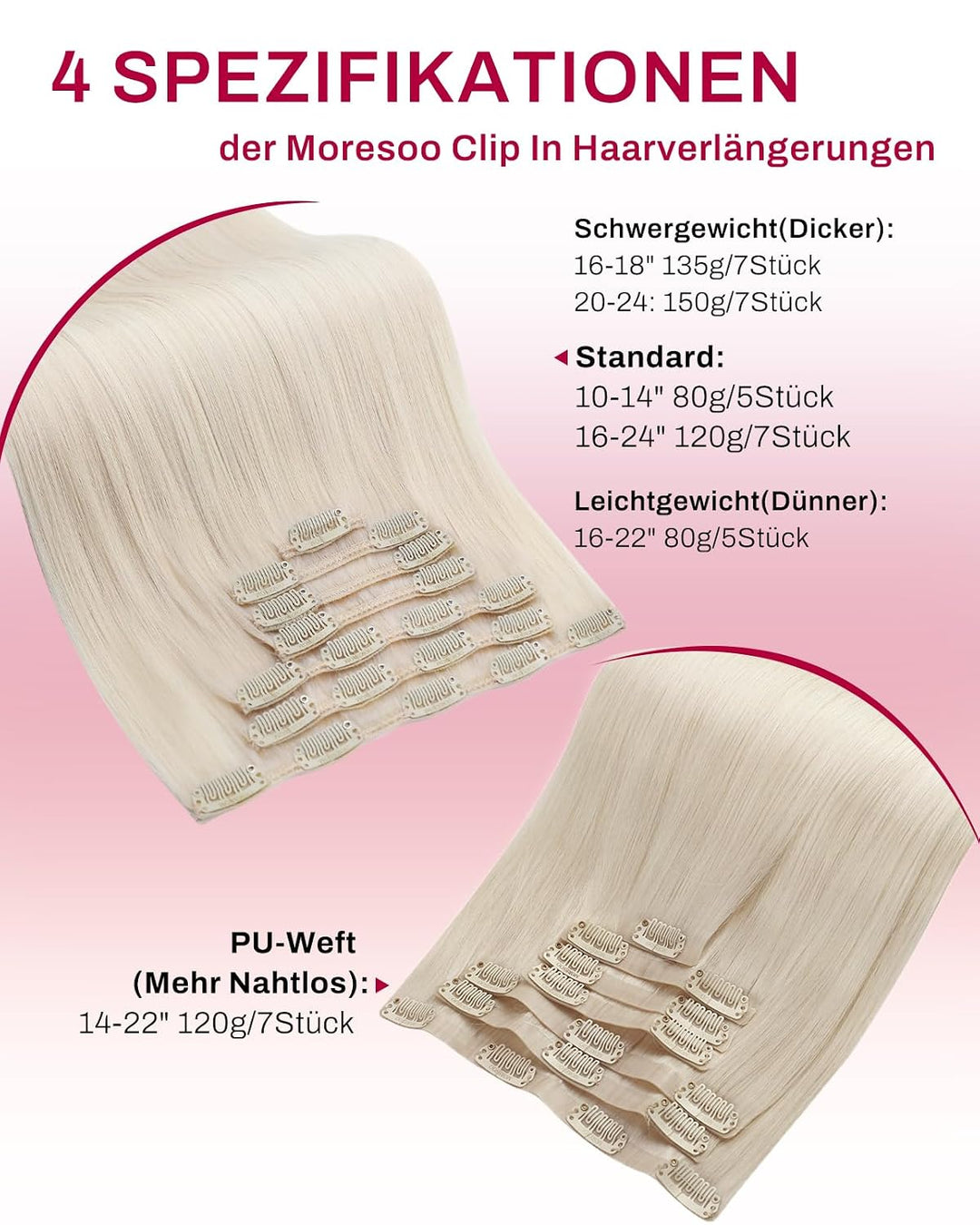 Moresoo Clip in Extensions Echthaar Blond Echthaar Extensions Clip Weissblond Remy Haarverlängerung
