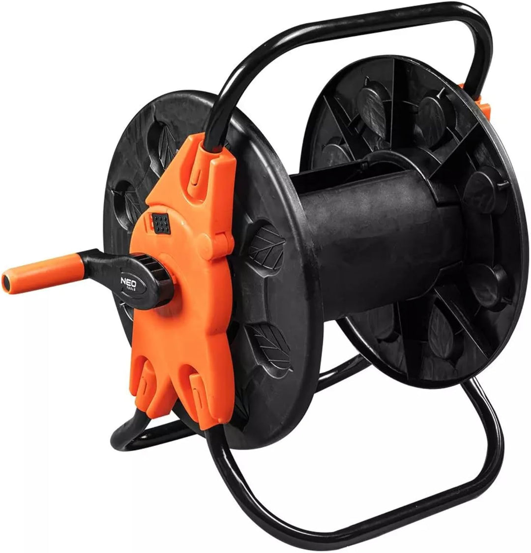 NEO TOOLS Schlauchtrommel bis 60 m Gartenschlauch (1/2") - Schwarz/Orange Schlauchhalter aus Hochwer