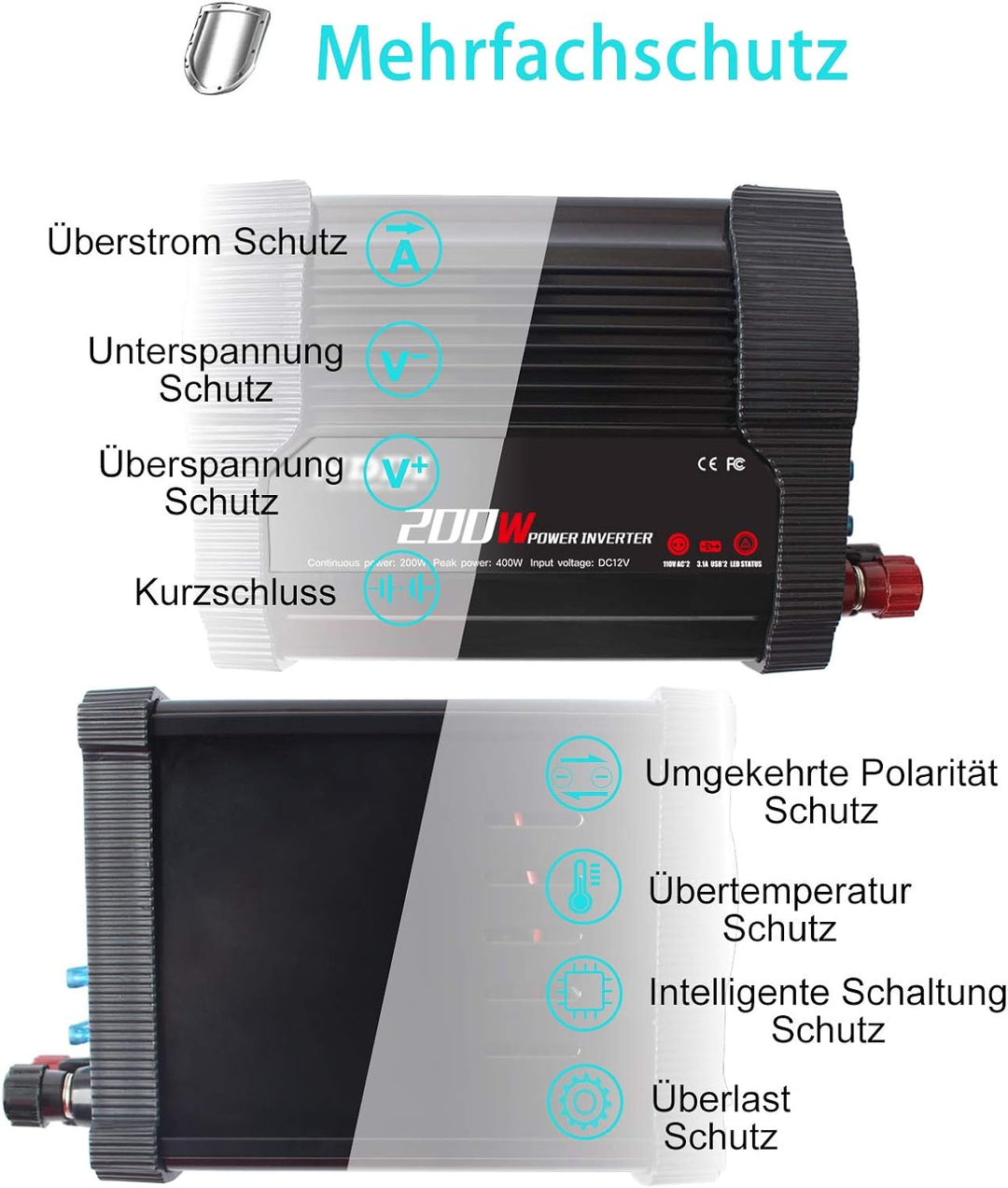 NDDI 200W Car Wechselrichter, 12V DC auf 230V AC Spannungswandler mit Dual USB Autoladegerät und 1 A