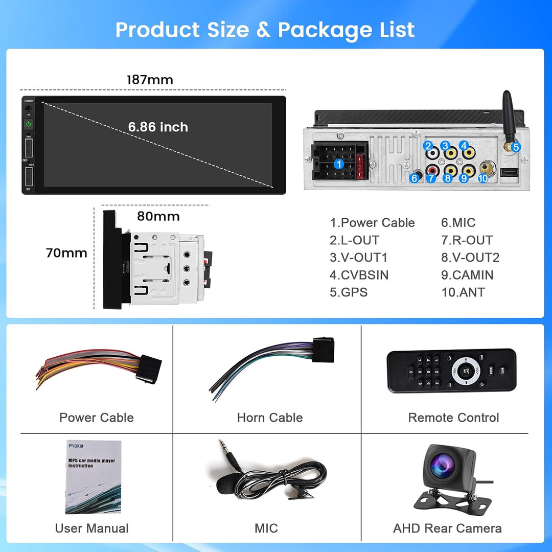 Hikity Autoradio 1 DIN mit Wireless Carplay Android Auto Mirror Link Auto Radio Touch Display mit 6,
