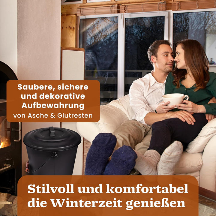 BLACK OAK Ascheeimer Santorini 25L – SET Schaufel & Besen gross 25 Liter schwarz rund mit Deckel Sta