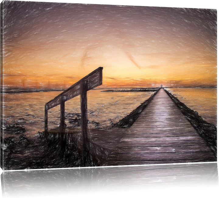 Pixxprint Langer Steg an der Nordsee / 100x70cm Leinwandbild bespannt auf Holzrahmen/Wandbild Kunstd
