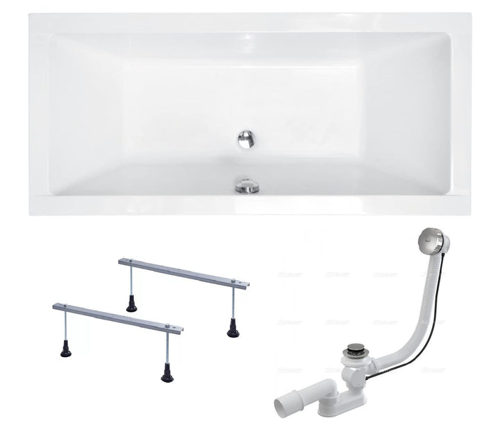 BADLAND Badewanne Original Weiss Acryl Wanne Rechteck QUADRO 180x80 KOMPLETTSET SET + Füssen und Exk