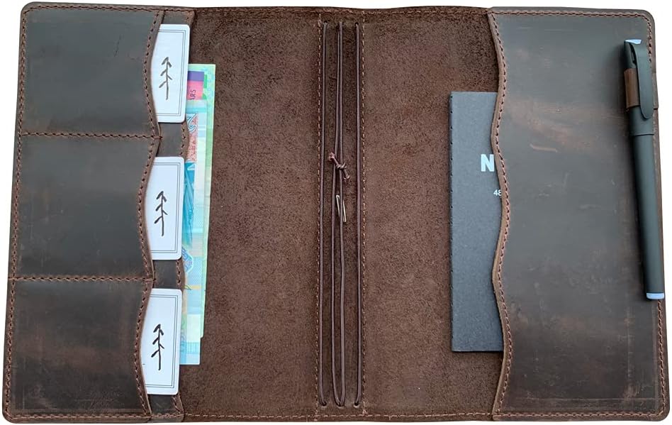 Travelers Notebook Cover with Inner Pockets, Card Slots and Pen Holder, A5, Dark Brown, A5