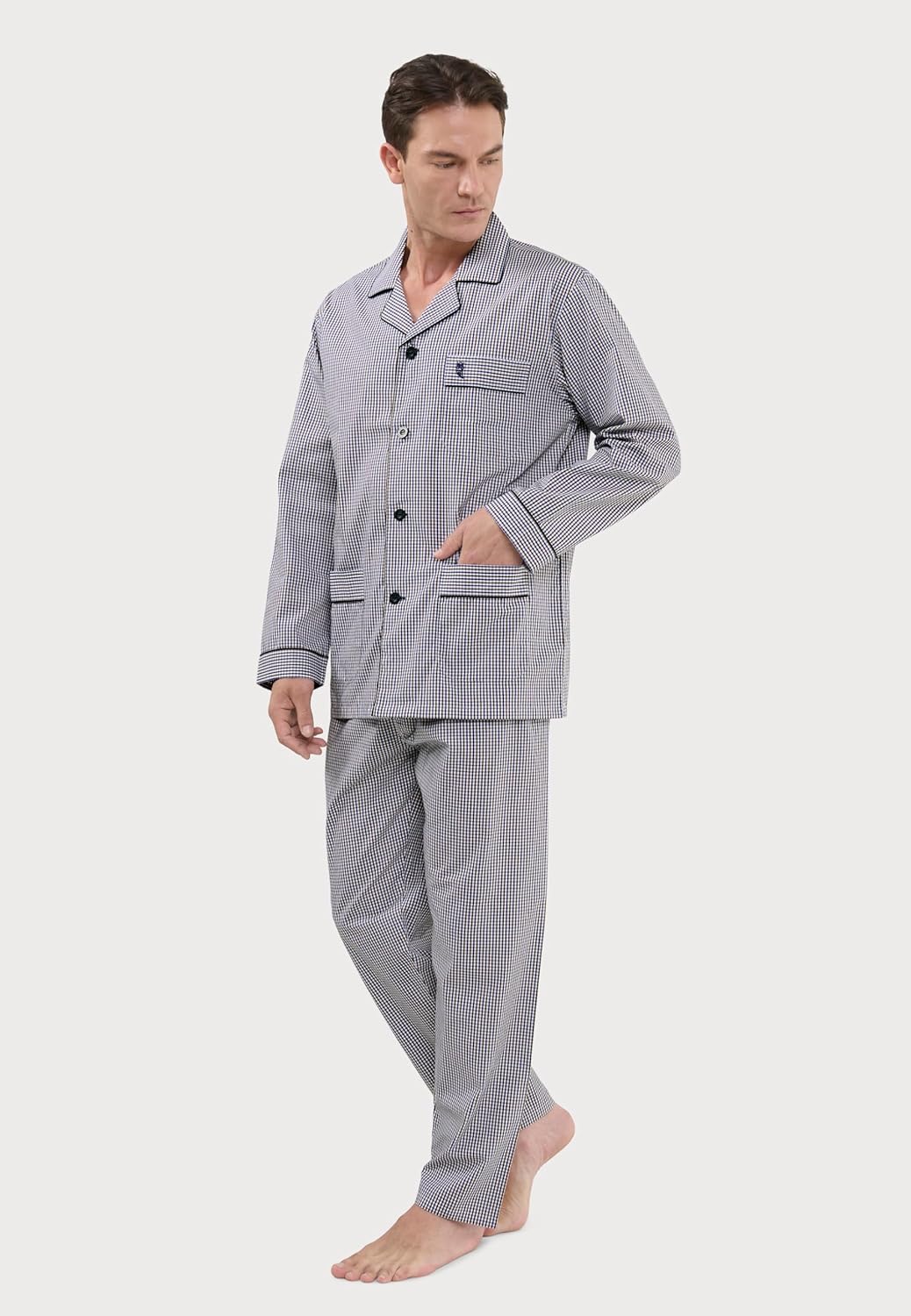 El Búho Nocturno Schlafanzug Herren Lang Baumwolle Pyjama Für Herren Klassisch Revers Knopfjacke Kar