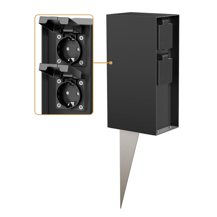 ledscom.de Garten-Steckdosen-Säule POMI mit Erdspiess für aussen, IP44, 4-Fach, schwarz, eckig, 23cm