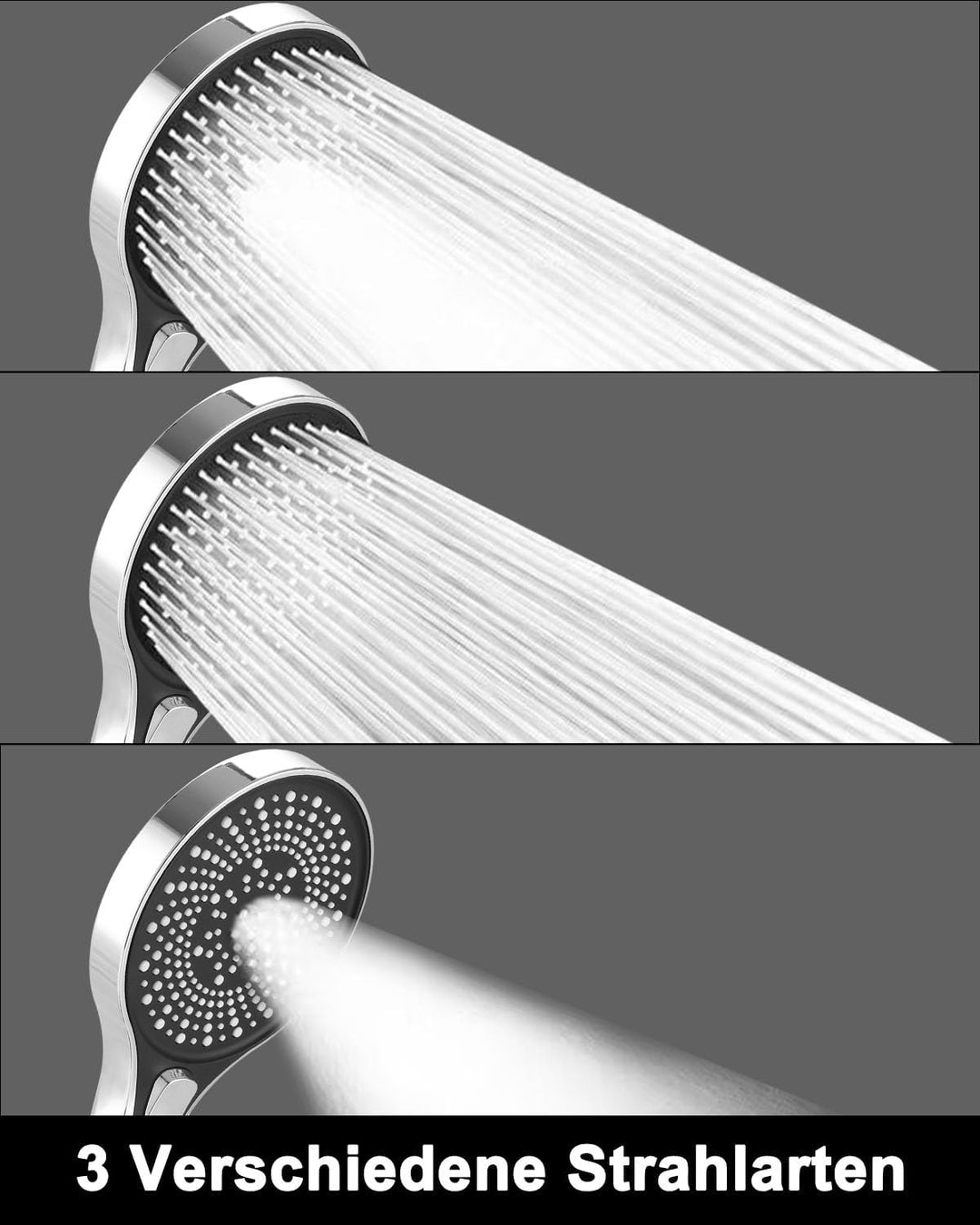 Duschkopf mit Schlauch 1.5M, Handbrause Dusche mit 3 Strahlarten und Halterung, runde Duschbrause(⌀