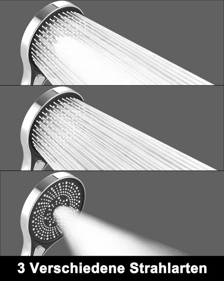 Duschkopf mit Schlauch 1.5M, Handbrause Dusche mit 3 Strahlarten und Halterung, runde Duschbrause(⌀