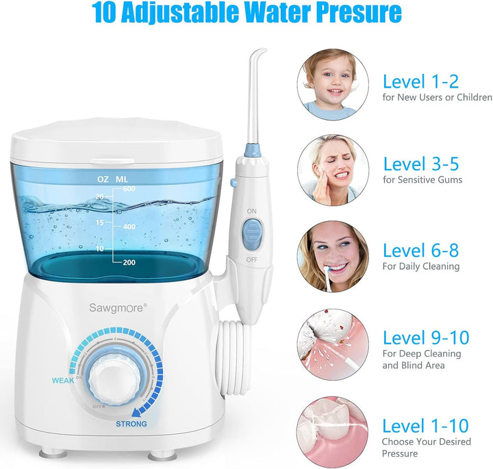 Sawgmore Elektrische Munddusche mit 10 Druckstufen und 8 Düsen，Professional Waterflosser für Zanrein
