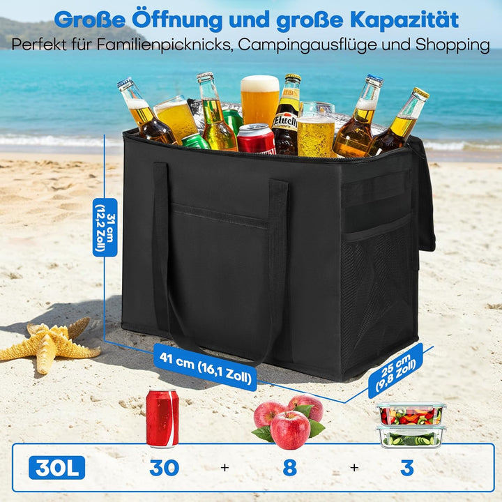 Kühltasche mit verstärktem Boden, 30L Grosse Picknicktasche, Faltbare Langlebige Einkaufstaschen, Se