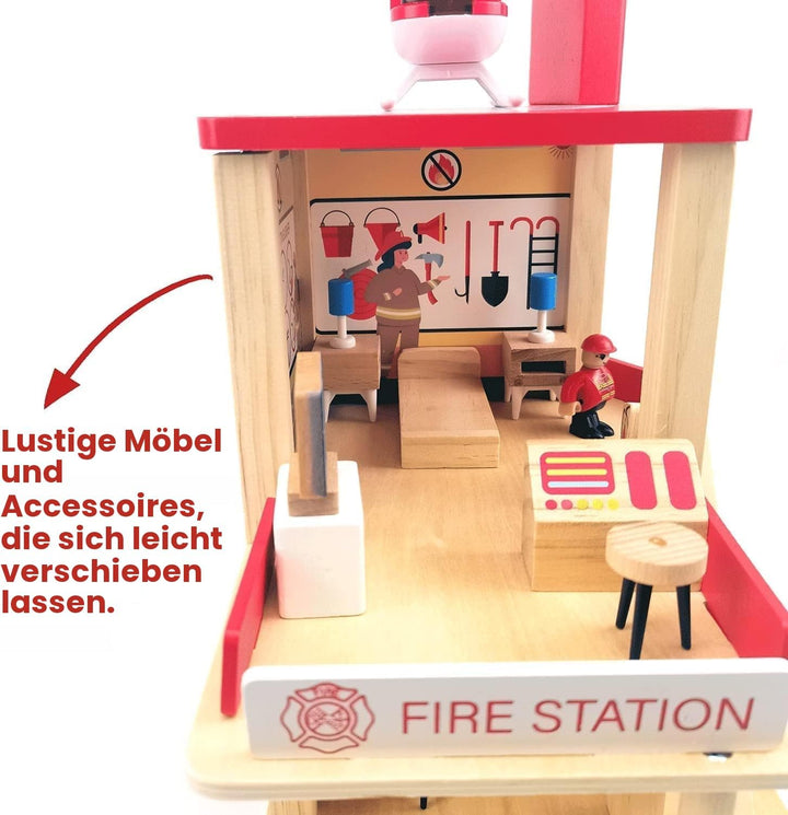 Holz-Feuerwehr-Spielset, Puppenhaus mit Feuerwehrauto, Hubschrauber, Feuerwehrleuten und Zubehör, Vo