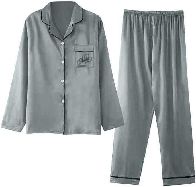 Damen Pyjama Satin Schlafanzug Set,Damen Seidensatin Pyjama Set 2Pcs Langarmhose Chinesischer Stil N