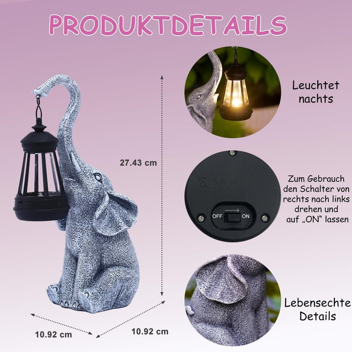 Elefanten Deko mit Solar Laterne Gartenfiguren - für Aussen Gartendeko mit Wetterfest LED Solarlampe