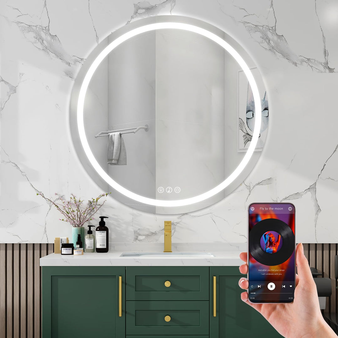 Bluetooth Badezimmerspiegel mit Beleuchtung, 80cm Runder Spiegel mit Beleuchtung, Wandspiegel mit Fr