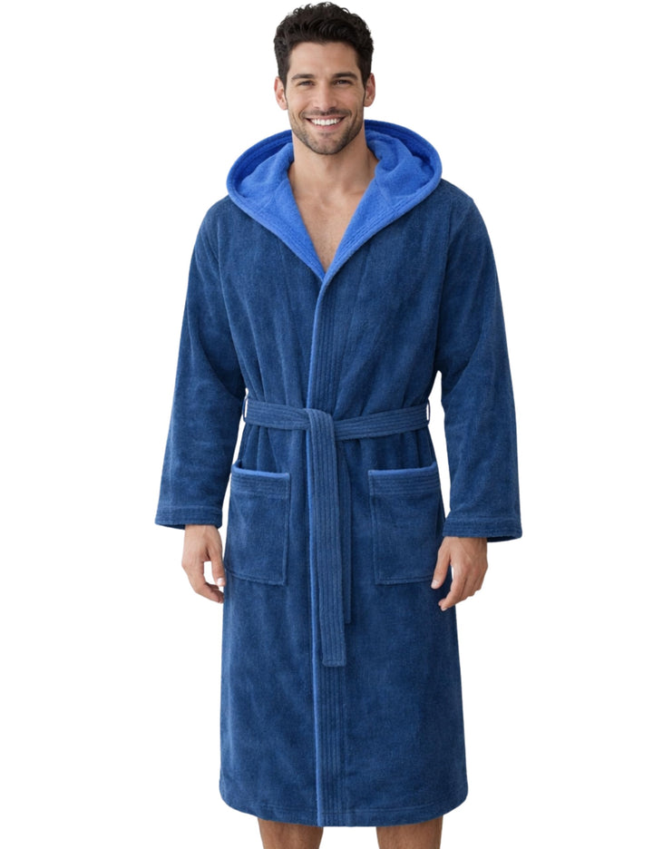 Morgenstern Bademantel Herren Kapuze 100% Baumwolle Frottee Velours Lang Finn M Blau, M Blau