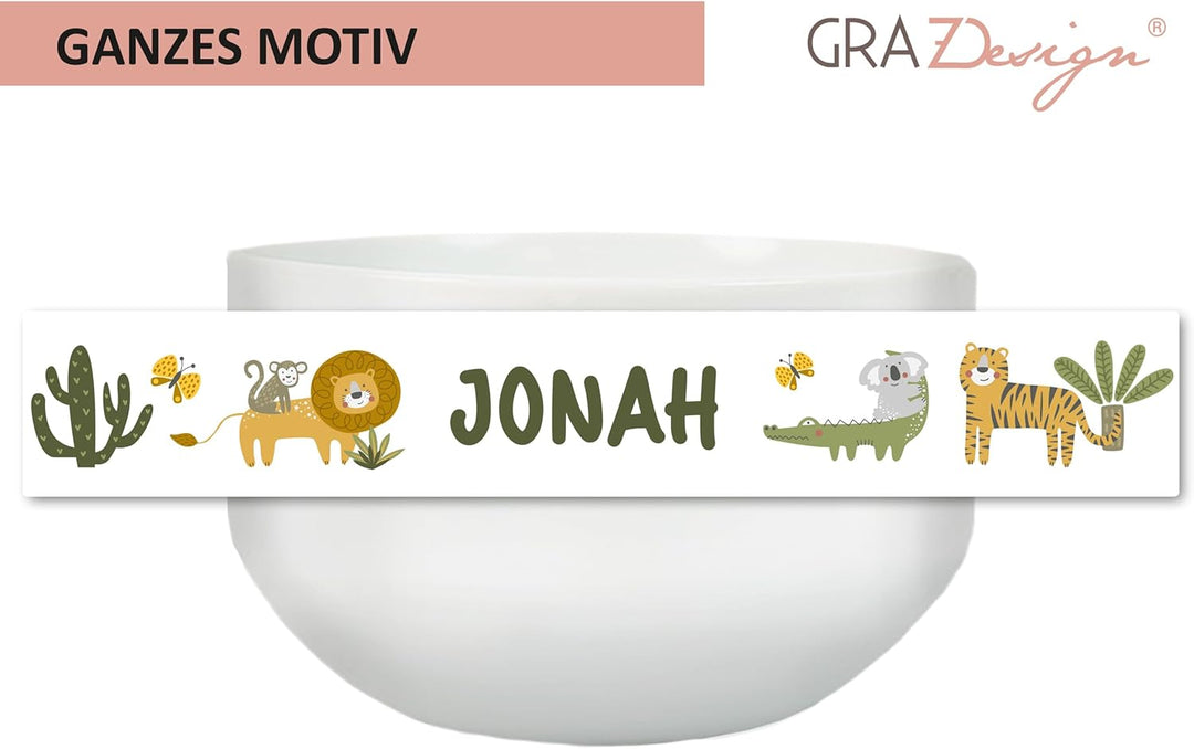 GRAZDesign Müslischale mit Name Dschungel Safari Tiere Kinder Schale personalisiert Keramik