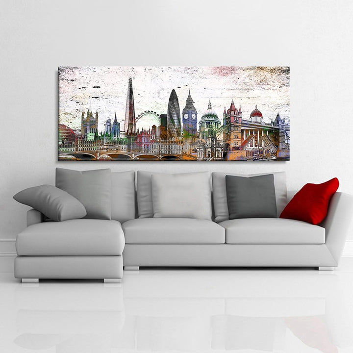Julia-Art Leinwandbilder - 100 mal 40 cm Panorama Bild London Stadt Skyline - Wandbild fertig gerahm