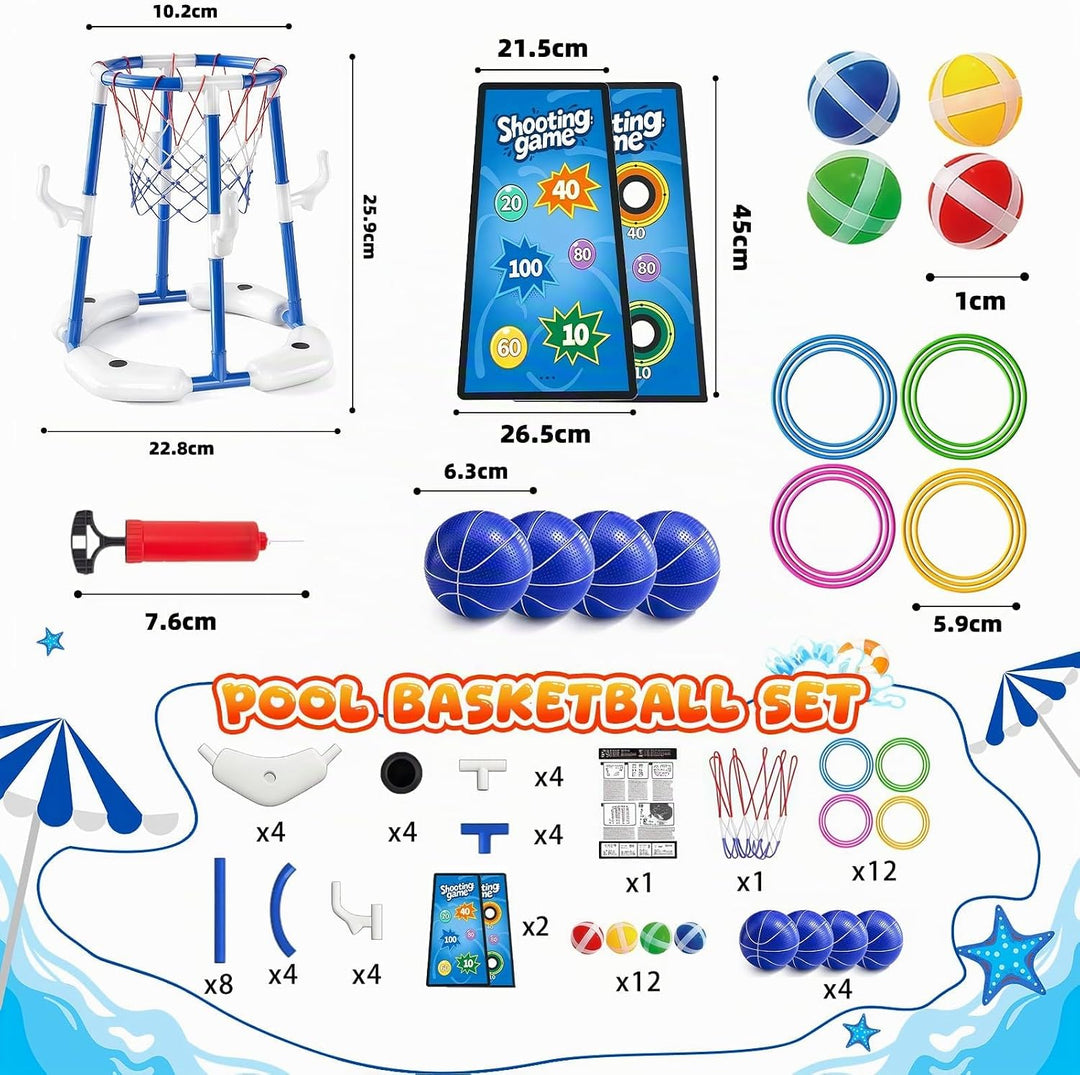 3-In-1 Pool Basketballkorb Outdoor, Schwimmender Basketballkorb, Pool Spielzeug Mit 4 Basketbälle,12