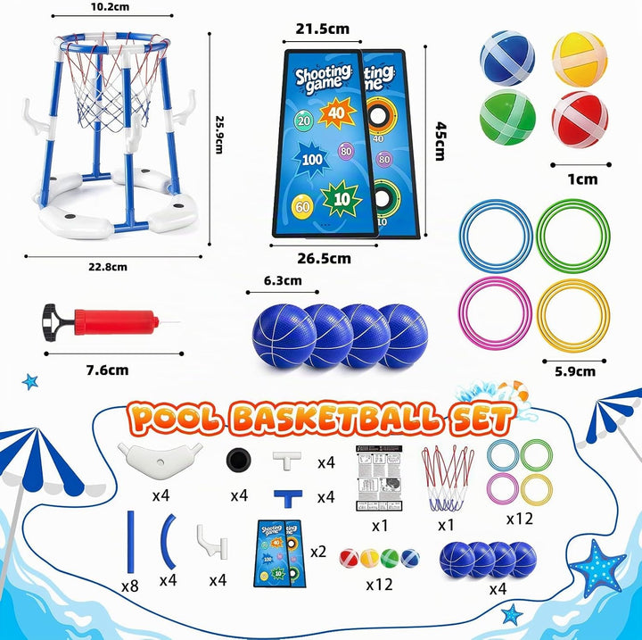3-In-1 Pool Basketballkorb Outdoor, Schwimmender Basketballkorb, Pool Spielzeug Mit 4 Basketbälle,12