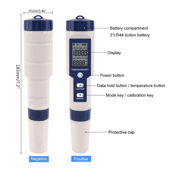 Meichoon 5 in 1 TDS/EC/PH/Salzgehalt/Temperaturmessgerät Digitaler Wasserqualitätsmesser Tester für