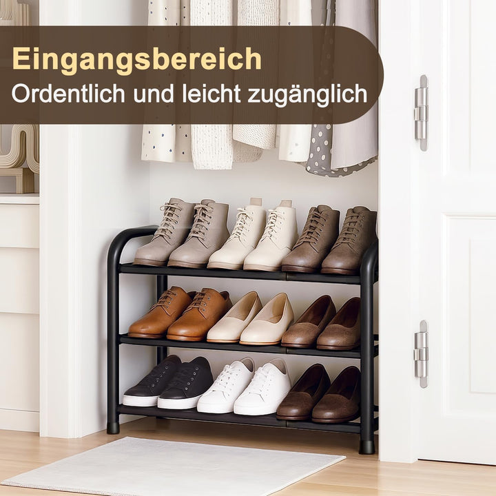 Schuhregal Schmal Platzsparend Ausziehbar 3 Ebenen, Schuhschrank Metall Schwarz, Breite 43-78 cm, fü