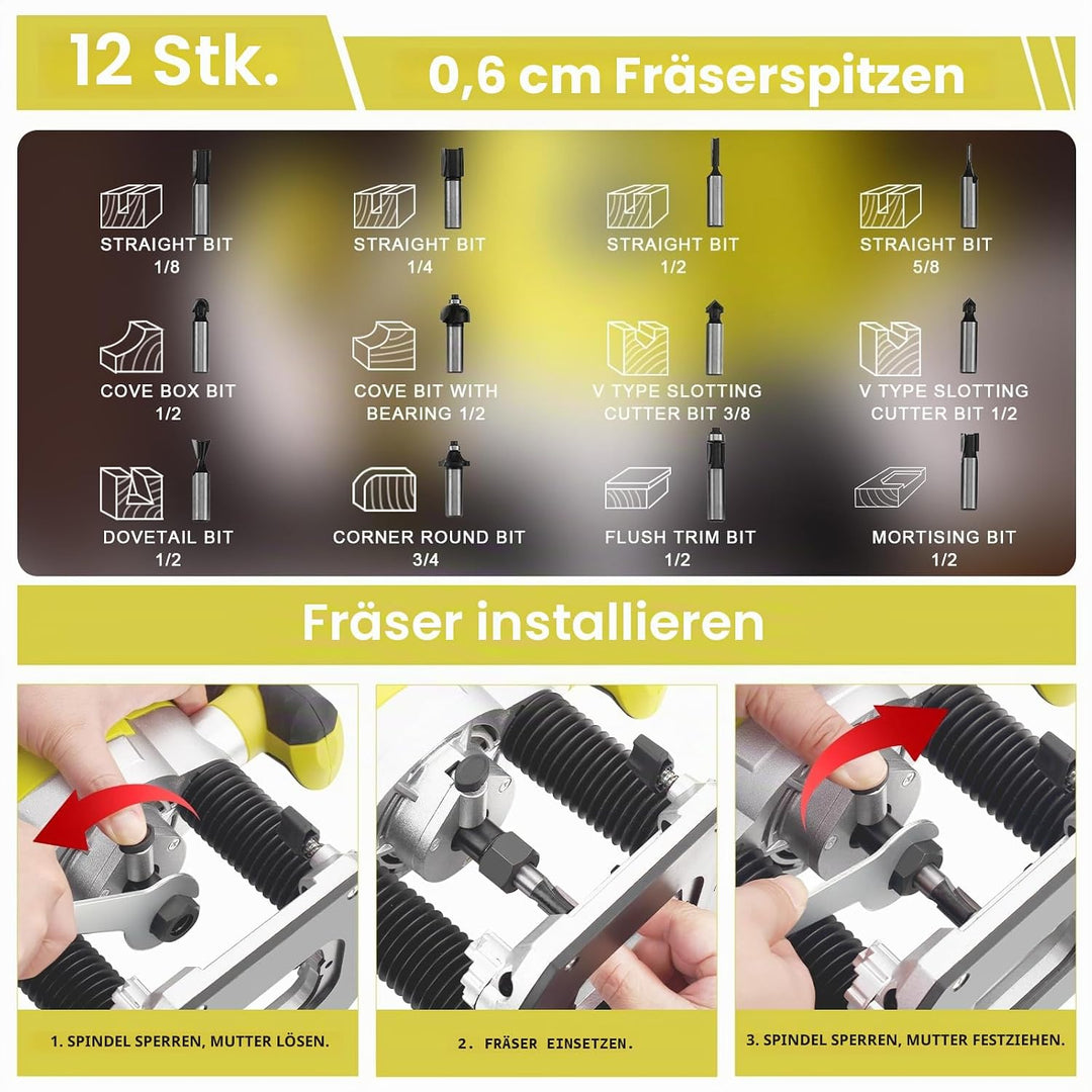 Oberfräse mit Koffer 1800W 10000-26000 U/min DEWINNER, Oberfräsen Mit 12 Stück Fräsen Cuter, 3 Spann
