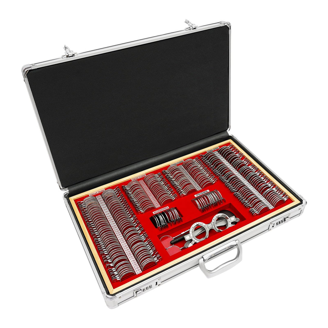 266Pcs Testlinsen-Set, 57x36x9.5cm Optisch Messbrille Linse Augenoptiker Metal Optometry Optical Tri