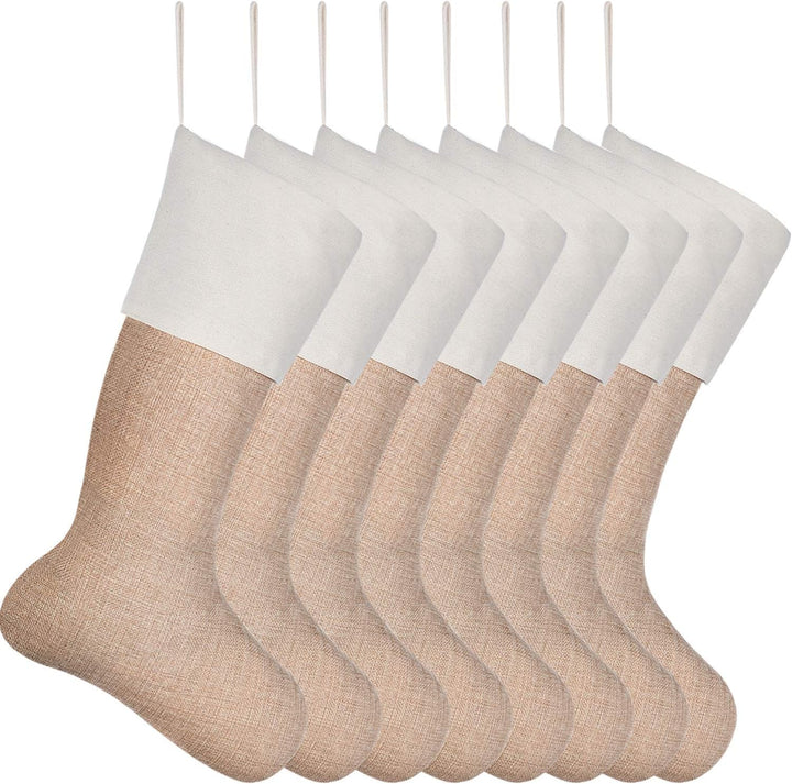 Sunshane 8er Set Weihnachsstrumpf Sackleinen Kamin Weihnachtssocken zum Befüllen & Aufhängen für Wei