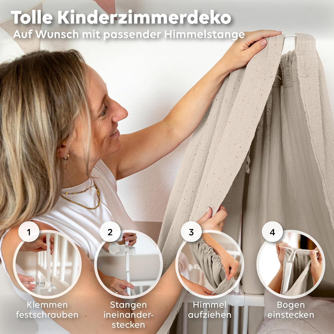 Betthimmel Babybett mit Goldapplikationen [in 12 Farben] Himmel Babybett aus 100% Baumwolle Musselin